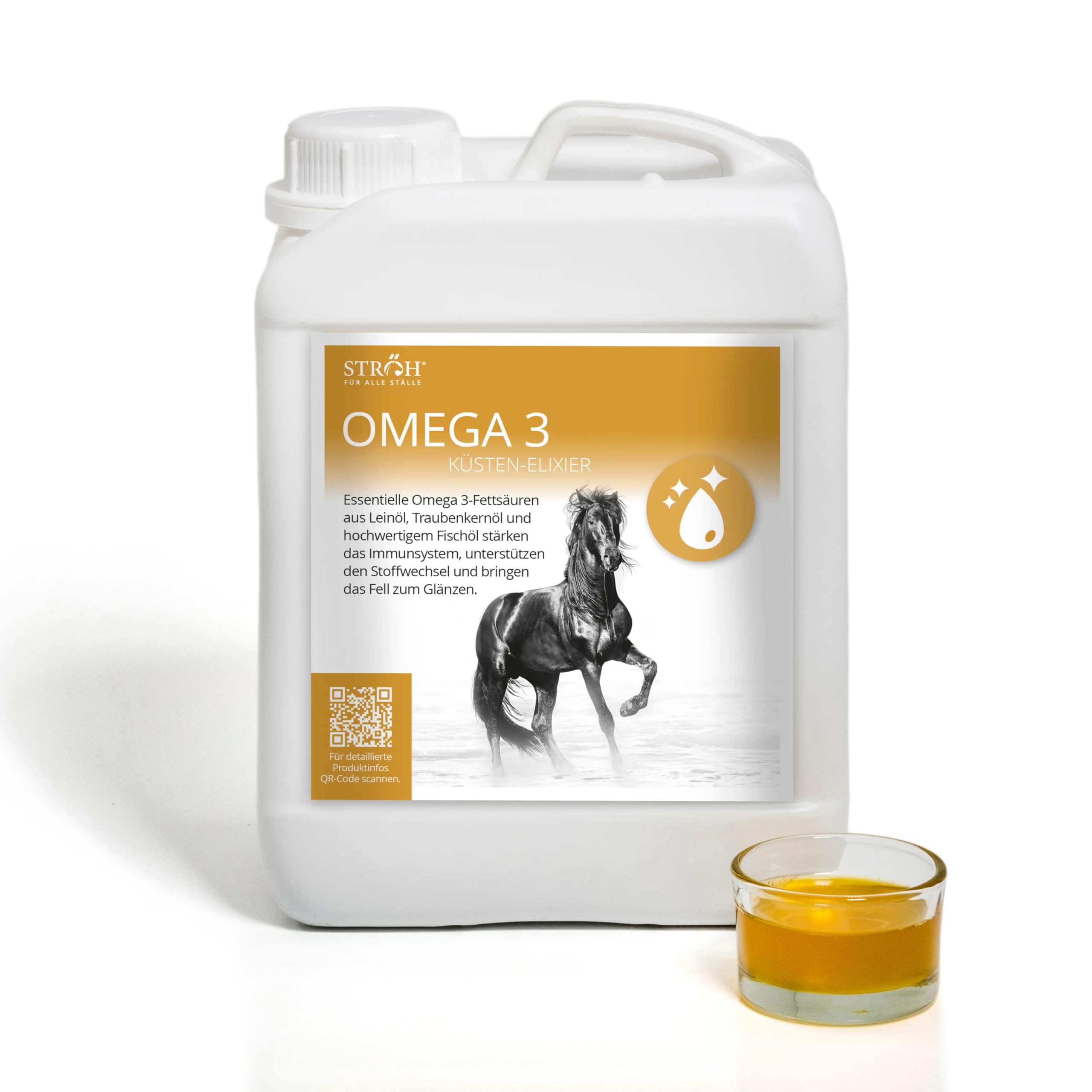 STRÖH Omega 3" Öl (2,5 L Kanister) für Pferde • Omega Fettsäuren aus Leinöl, Traubenkernöl & Fischöl
