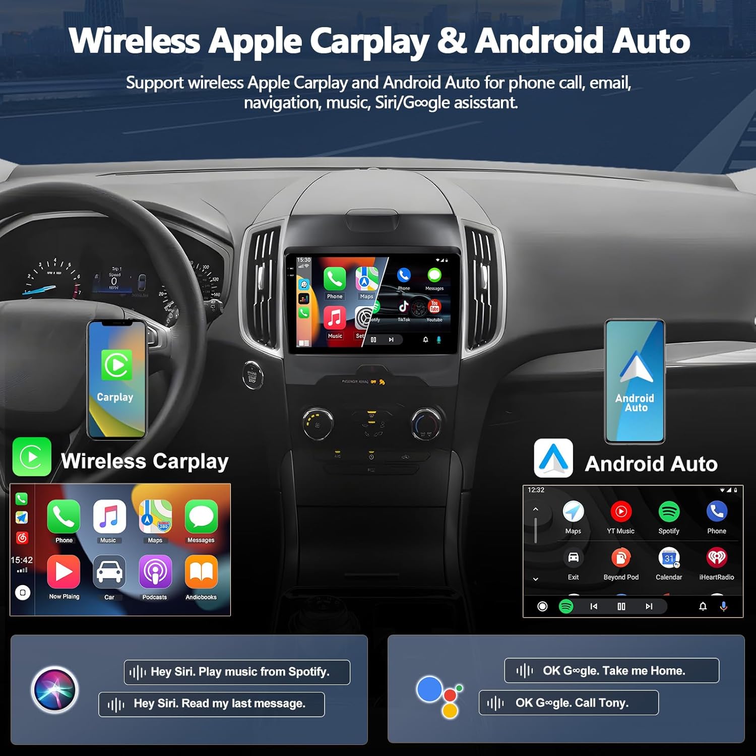 CAMECHO 4+64GB Car Radio Stereo for Ford Edge 2015 2016 2017 2018, 9" Incell 1280 * 720 Touch Screen Head Unit with Android 15 CarPlay Android Auto GPS Navigation Bluetooth FM RDS Backup Camera