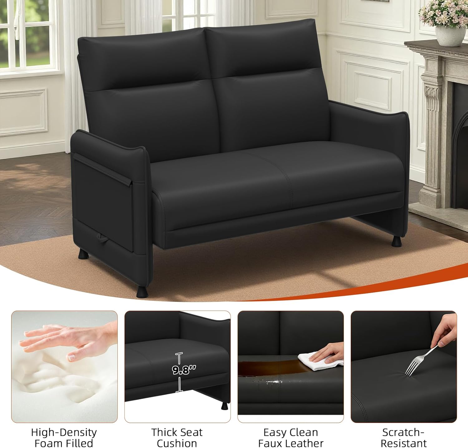 Faux Leather Loveseat, Upholstered Loveseat with Hidden Foldable Tray & Side Pocket, Front Contour Arm Design, Modern 2-Seater Sofa Couch for Compact Spaces, Black