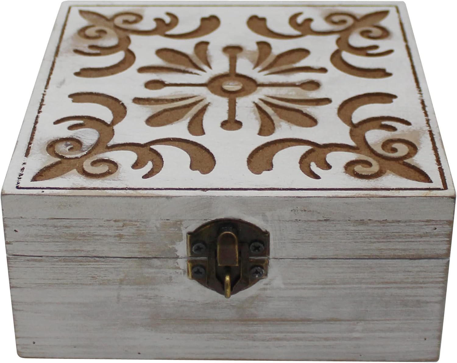 CVHOMEDECO. Rustic Wooden Decorative Box Vintage Wood Storage Box with Lid and Hinged Square Stash Boxes for Photos, Jewelry, Keepsake and Gifts. White - Image 2