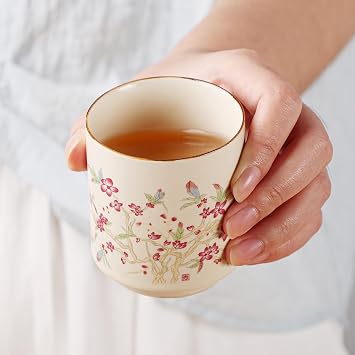fanquare Japanese Ceramic Tea Set, 17oz Bamboo Handle Teapot with Stainless Steel Infuser and 4 Cups, Floral Pattern Tea Service for Loose Leaf Tea, Gift for Tea Lovers
