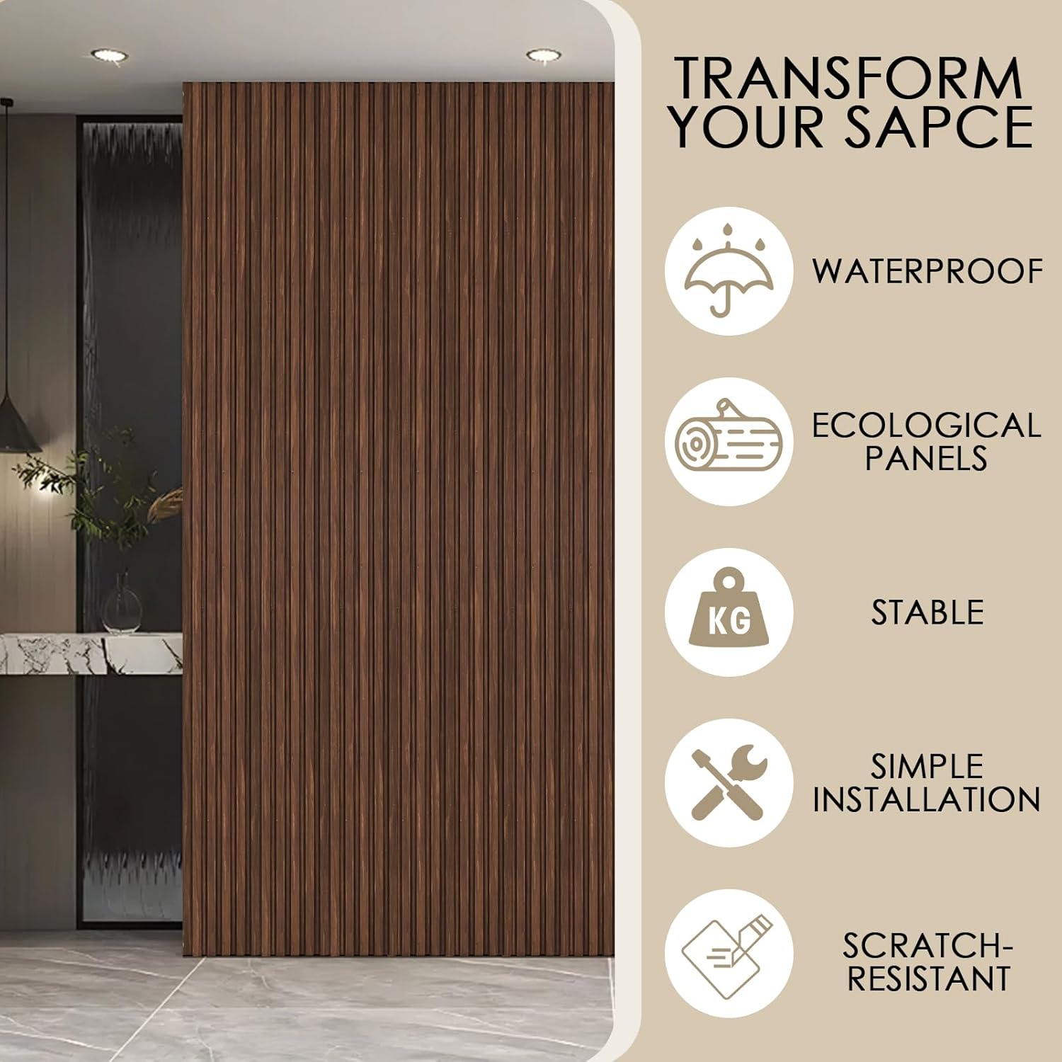 16-Pack 3D Slat Wall Panels, Easy-Install Soundproof Faux Wood Wall Panels, Modern Interior Décor for Living Room, Bedroom, Office, Walnut Finish, 48.2" x 6.3" 16-Pack Walnut
