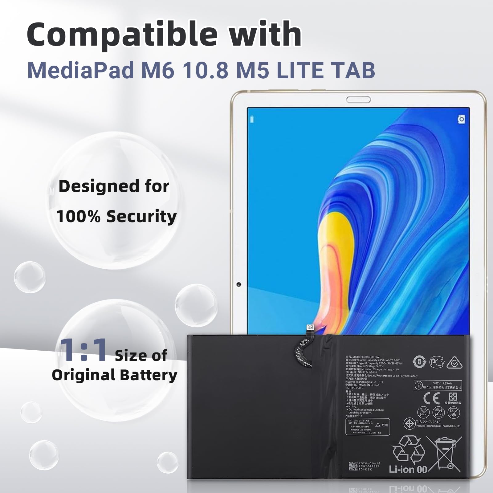 Batteria di ricambio compatibile con Huawei Mediapad M6 10.8/M5 Lite/ M5 Lite 10.1/M5 10/M5 10/M5 10 Pro con kit di strumenti gratuito.