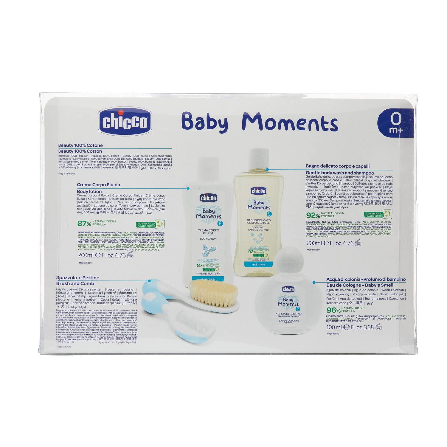 Chicco Set Idea Regalo Baby Moments, Con Acqua di Colonia 100ml, Bagno Delicato Corpo e Capelli 200ml, Crema Corpo 200 ml, Spazzola e Pettine, Tutto il Necessario per il Bagnetto, Blu, 0 Mesi+