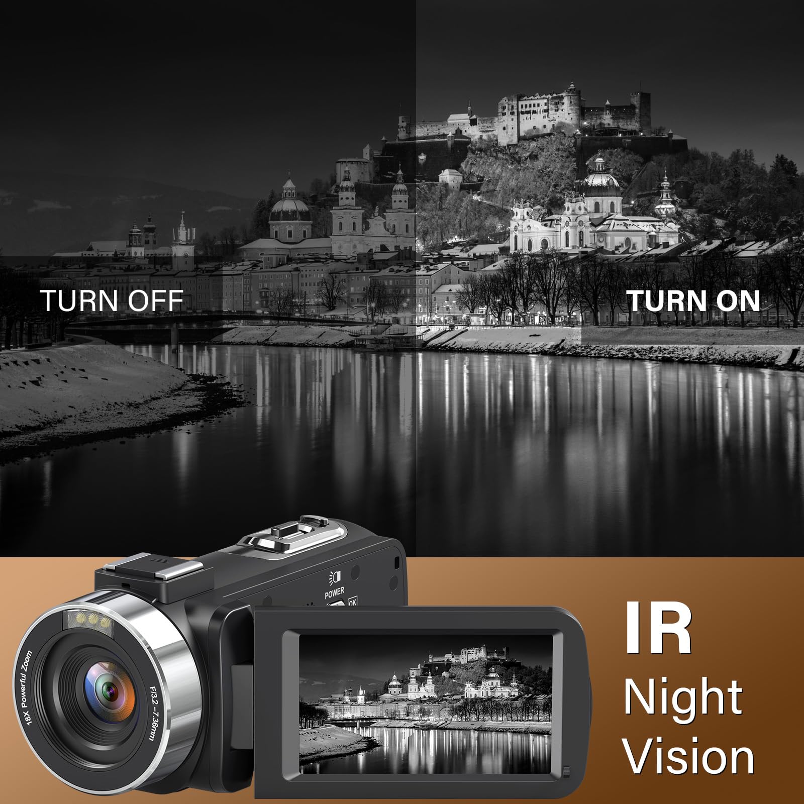 Caméscope 4K 30FPS 80MP Zoom Numérique 18X Caméra Vlogging Vision Nocturne IR Écran IPS 3.0" avec Carte SD 32 Go