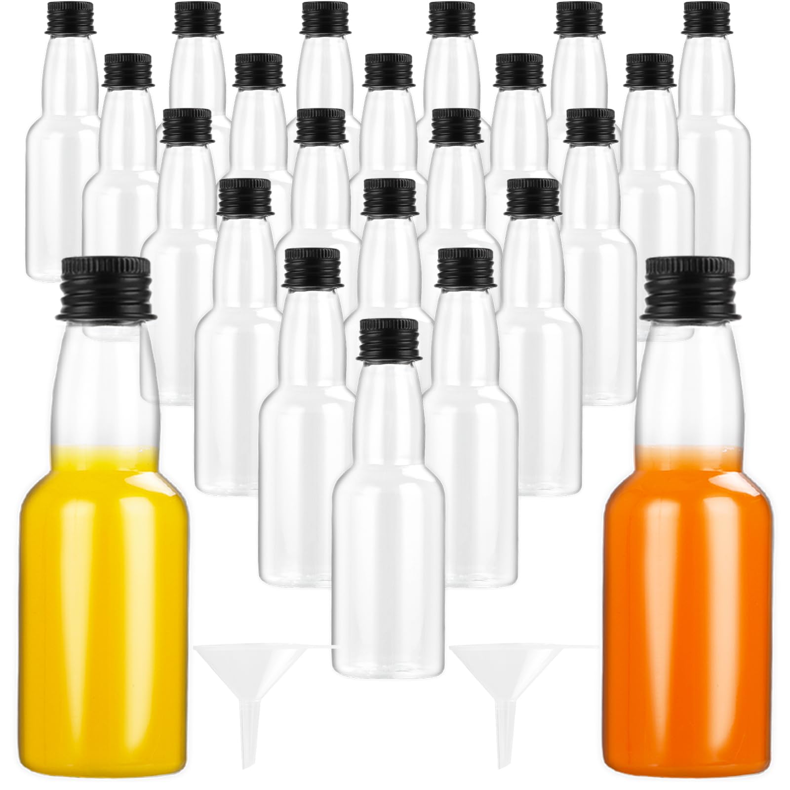 BELLE VOUS Herbruikbare mini-flessen, 50 ml, leeg, plastic met zwarte dop, trechter voor vloeistoffen, ideaal voor bruiloften en feesten