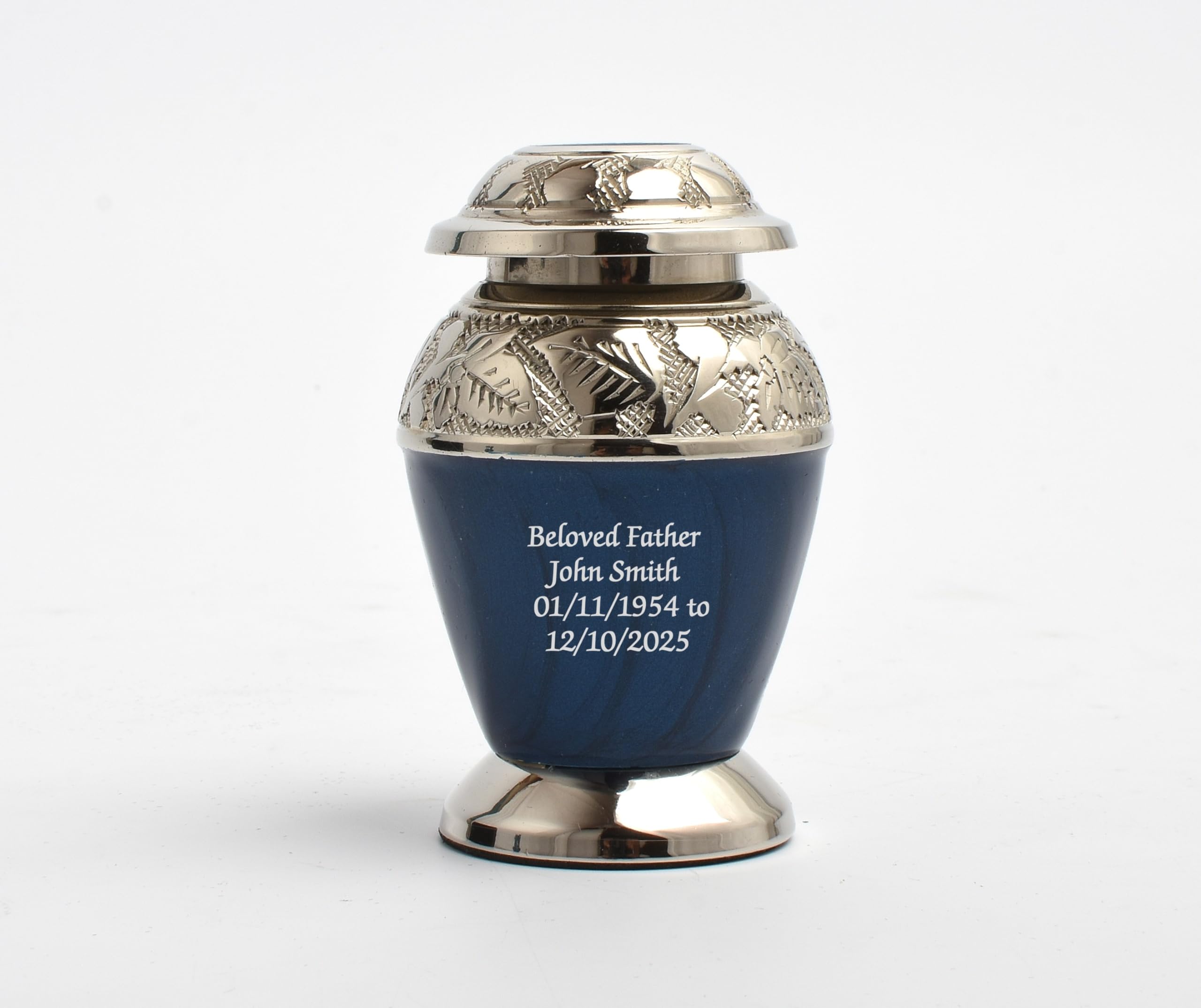 Small Keepsake Urn for Human & Pet Ashes – 3" Memorial Container With Velvet Presentation Gift Box - Capacity 7 Teaspoons - Handcrafted in Metal Aluminium Brass (Dove Blue - Text Engraved) — image 1
