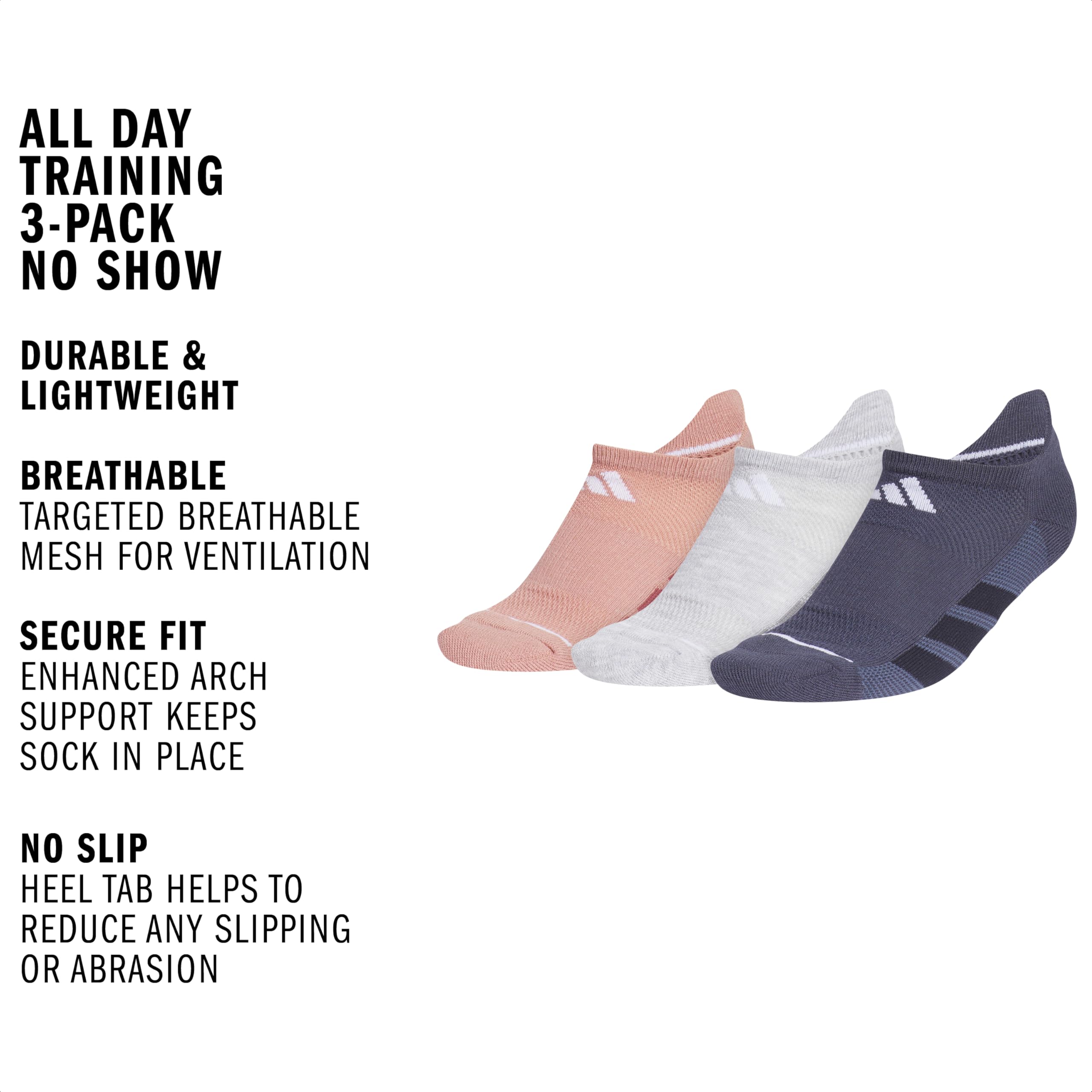 adidas Damskie skarpety treningowe All Day (3-pary), Athletic Performance Below Ankle Running No Show, Warm Clay Pink/Cool Light Heather/Shadow Navy, rozmiar M (3 sztuki), Warm Clay Pink/Cool Light