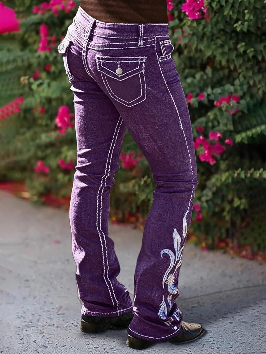 Flamingals Women's Mid Waist Bootcut Jeans Floral Embroidery Flap Pocket Trendy Vintage Pants - Image 3