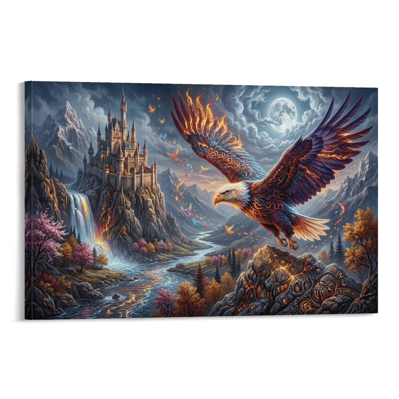 XPASHIQWC Flame Eagle Poster Artwork Moonlit Waterfall Castle Giclee Canvas Prints Modern Wall Art Picture Wall Hanging for Office Gym Living Room Decor 24x36inch(60x90cm)