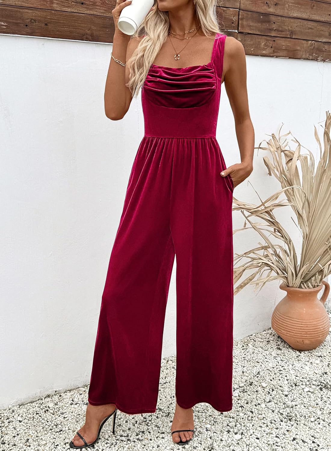 BLENCOT Womens Velvet Jumpsuit Winter Sleeveless Wide Leg Rompers Casual Fall Overalls - Image 2