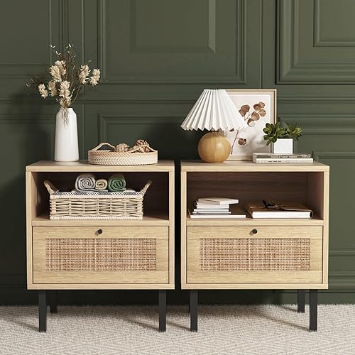 Miniatura 9 de Angel Sar Juego de 2 mesitas de noche de ratán, mesita de noche bohemia negra con puerta de ratán, gabinete de almacenamiento, espacio de