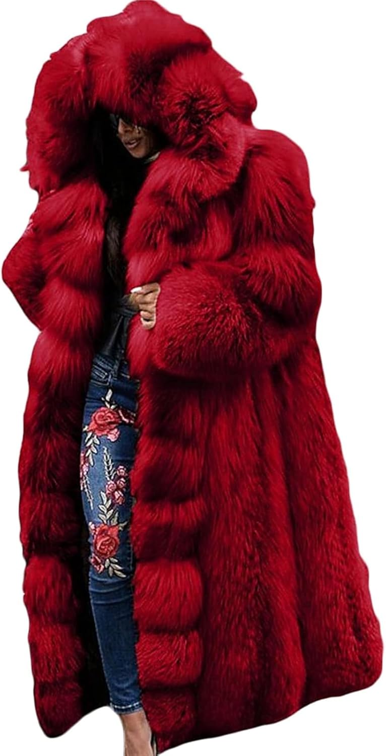 JEShifangjiusu Women's Winter Plus Size Parka Overcoat Solid Color Big Hooded Overcoat Long Sleeve Faux Fur Coat Jacket