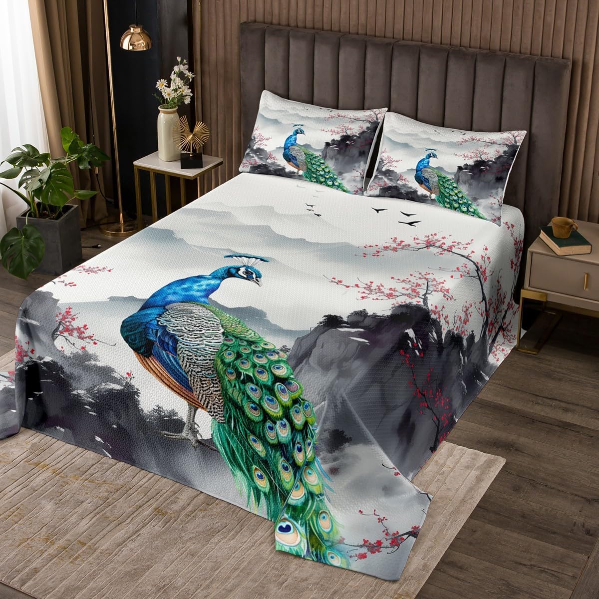 Japanese Peacock Bedspread Twin Size,Black White Ink Painting Bedding Set for Kids Girls Boys Teens Room Decor,Wild Animals Plants Comforter Set Red Cherry Blossom Quilt Coverlet,1 Pillowcase