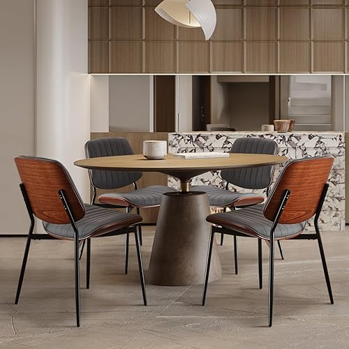 Miniatura 11 de Juego de 2 sillas de comedor modernas con respaldo de nogal y patas de metal, silla tapizada de cuero para sala de estar, color gris