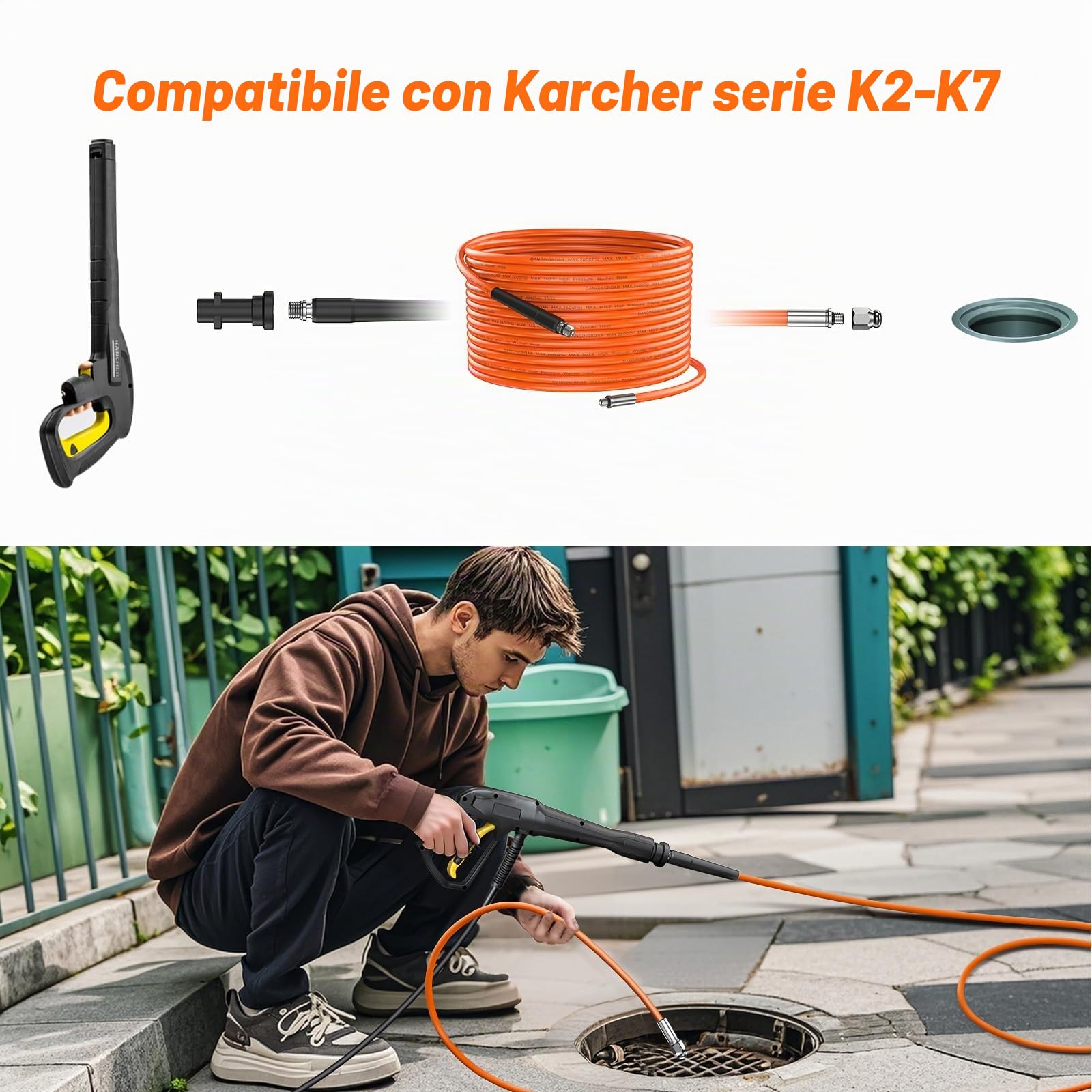 10M Sonda Sturatubi per Idropulitrice, Pulizia Tubi di Scarichi Compatibile Kärcher K2-K7 Serie Kit, Tubo Flessibile per La Pulizia Delle Fognature con Ugello a getto, 2600psi/180bar