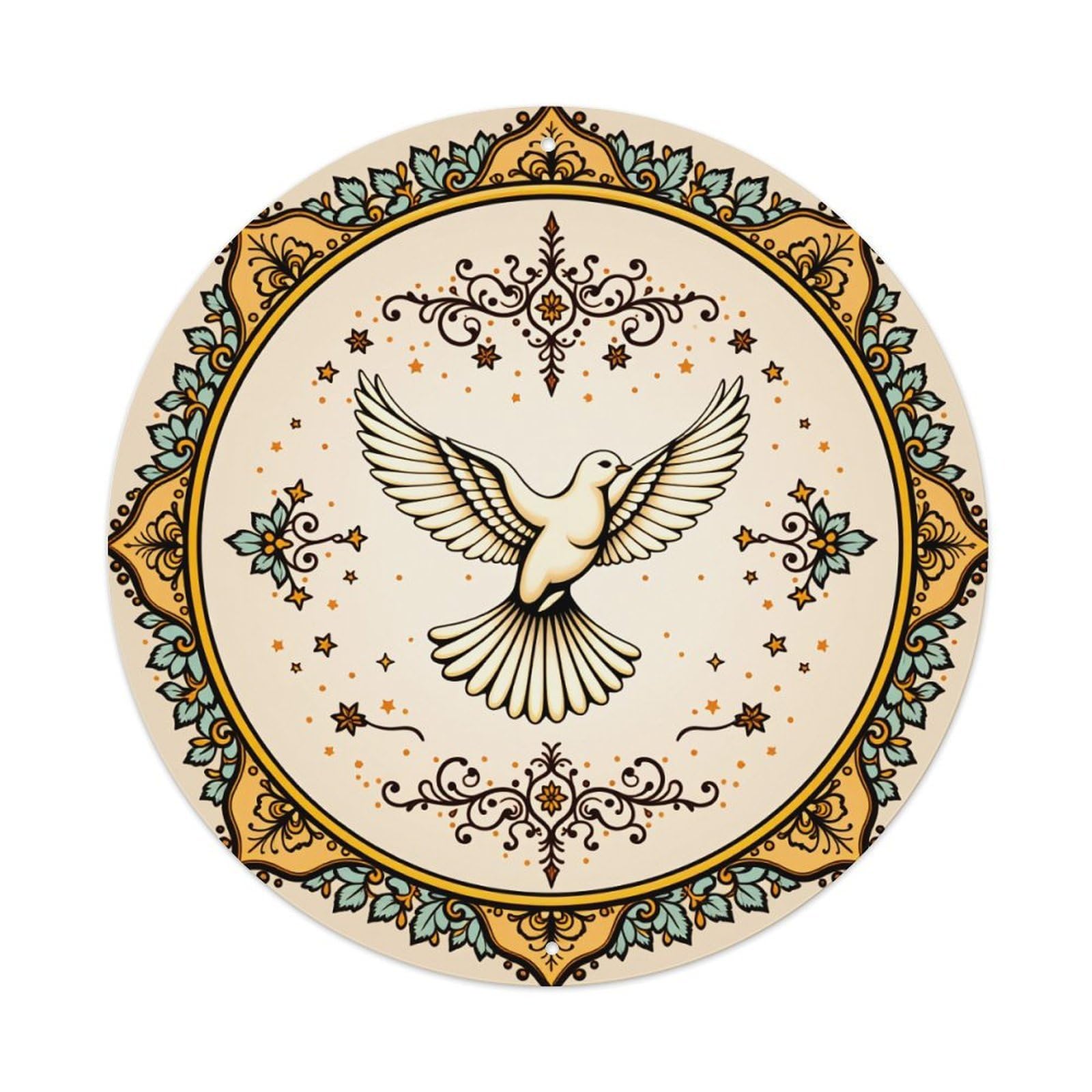 Dove With Spread Wings In Ornate Circular Art Round Vintage Tin Sign,Retro Wall Art,Metal Poster for Home, Bar, Garage, Cafe, Rustic Indoor & Outdoor Decor, 8x8 Inches