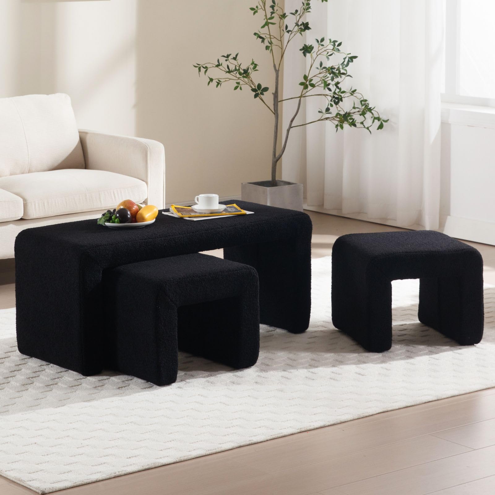 Modern Boucle Bench Black Sherpa Ottoman Bench for Entryway, Bedroom End of Bed, Set of 3 Small Sofa Footrest Extra Seating for Living Room, 20+50 Inch Bench