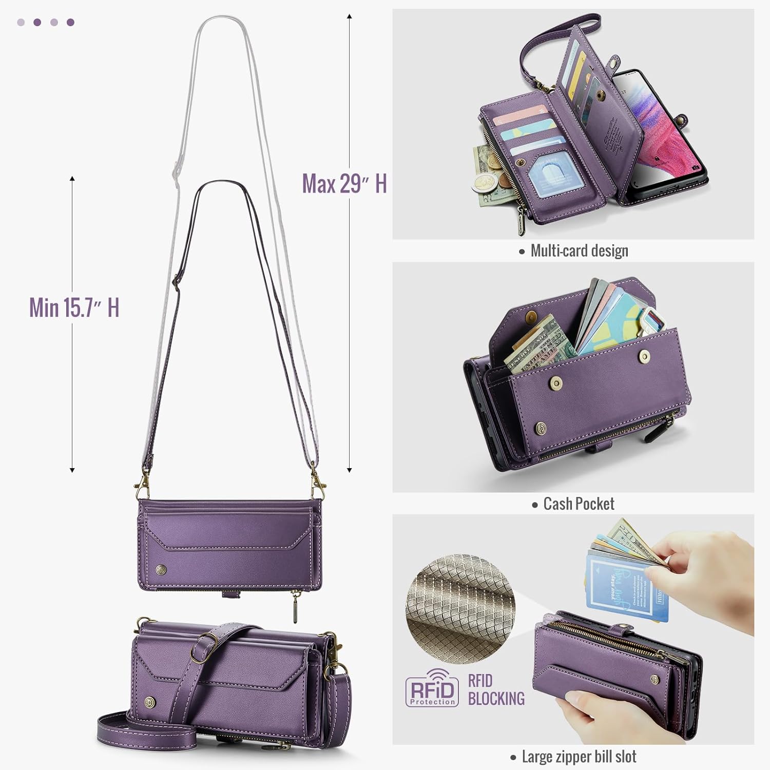 for Samsung Galaxy A53 Wallet Case with RFID Protection, Card Slots, Kickstand, Detachable Strap – Shockproof PU Leather Flip Crossbody Phone Cover Galaxy A53 5G, Purple