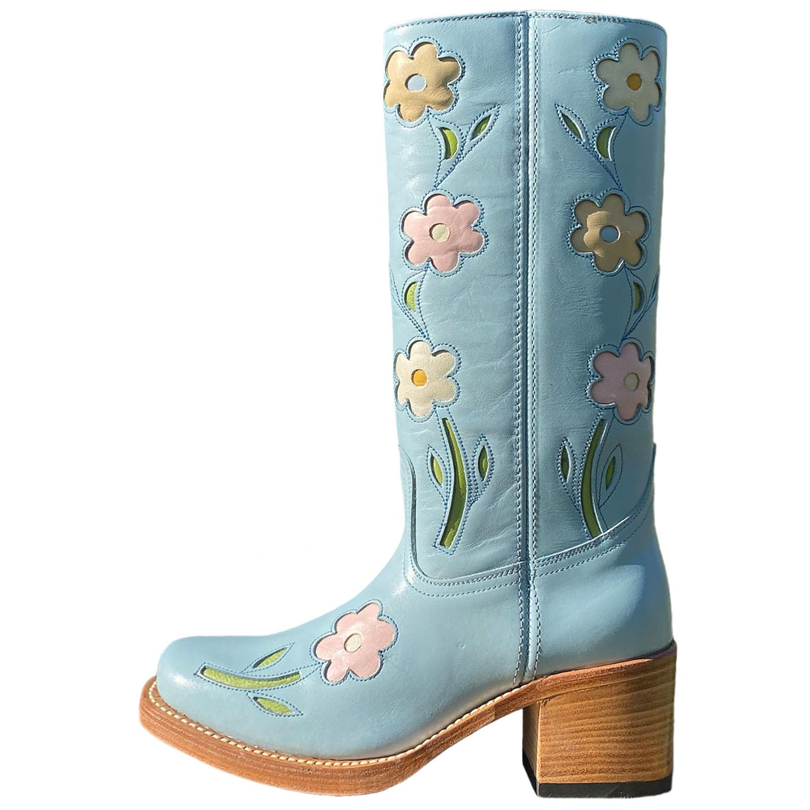 KISTANIA Womens Knee High Riding Boots with Flowers Square Toe Chunky Heel Motorcycle Boots