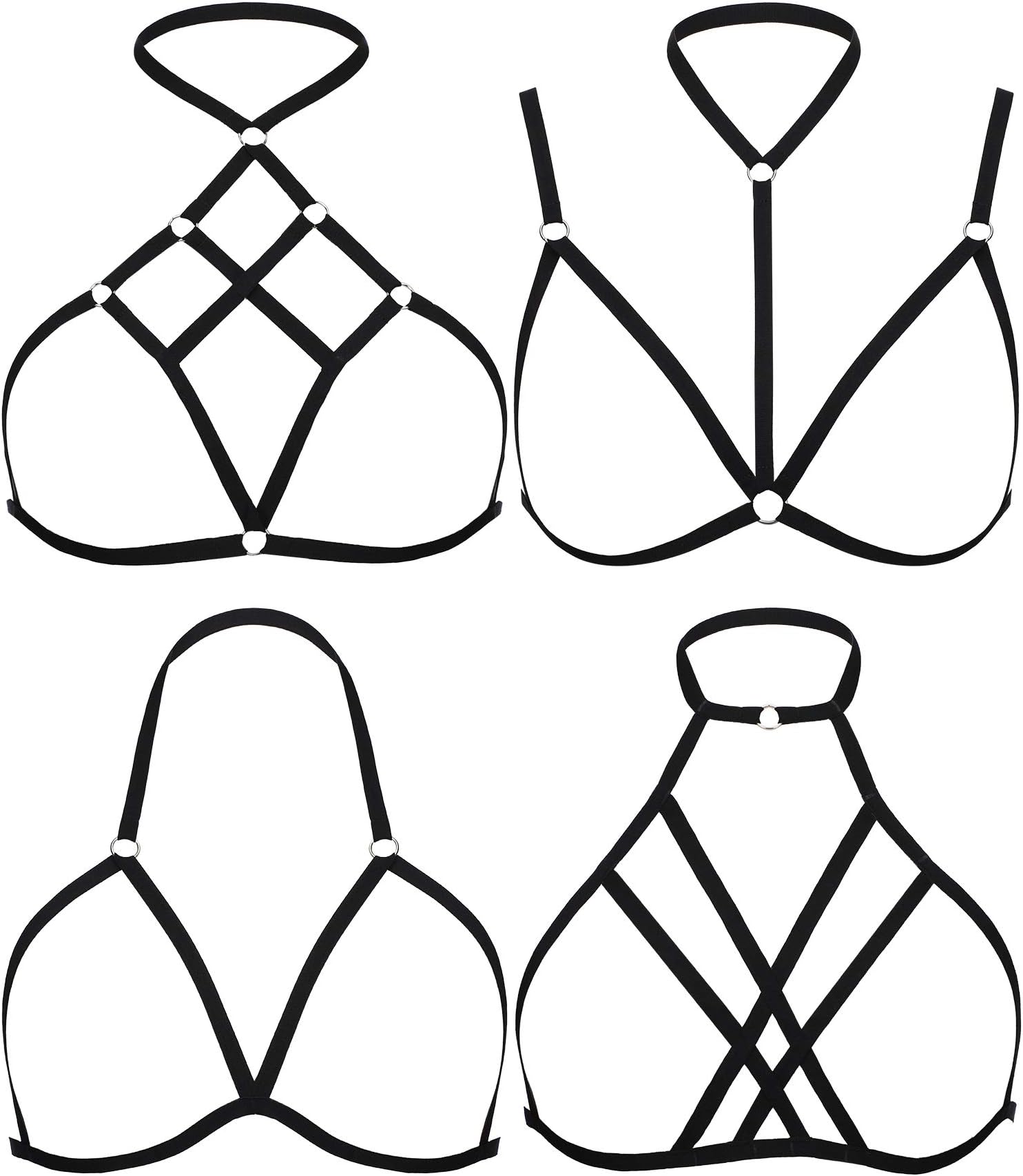 4 Pieces Women Harness Strappy Hollow Out Cross Elastic Cage Bra Cupless Bra Body Lingerie for Ladies