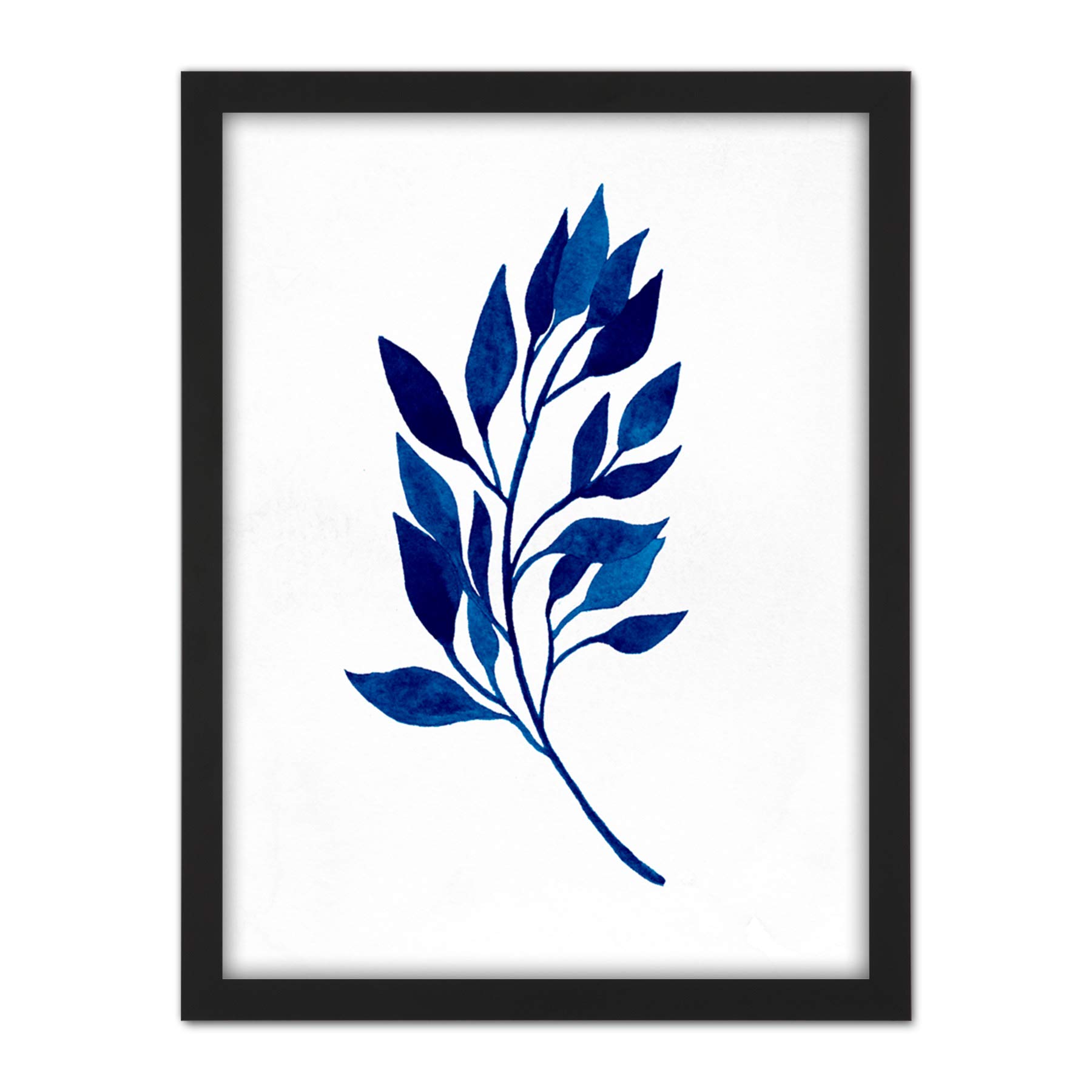Wee Blue Coo Navy Blue Watercolour Leaves Artwork Framed Wall Art Print 18X24 Inch