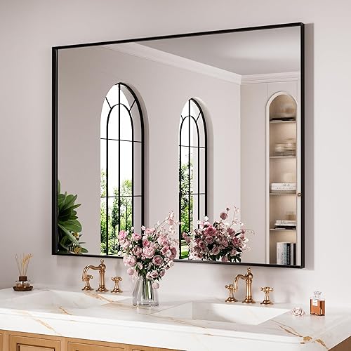 Miniatura 56 de Espejo de baño LED de 20x28 pulgadas con marco negro, espejos de baño retroiluminados y con luz frontal para pared, antiempañamiento, regulable, con