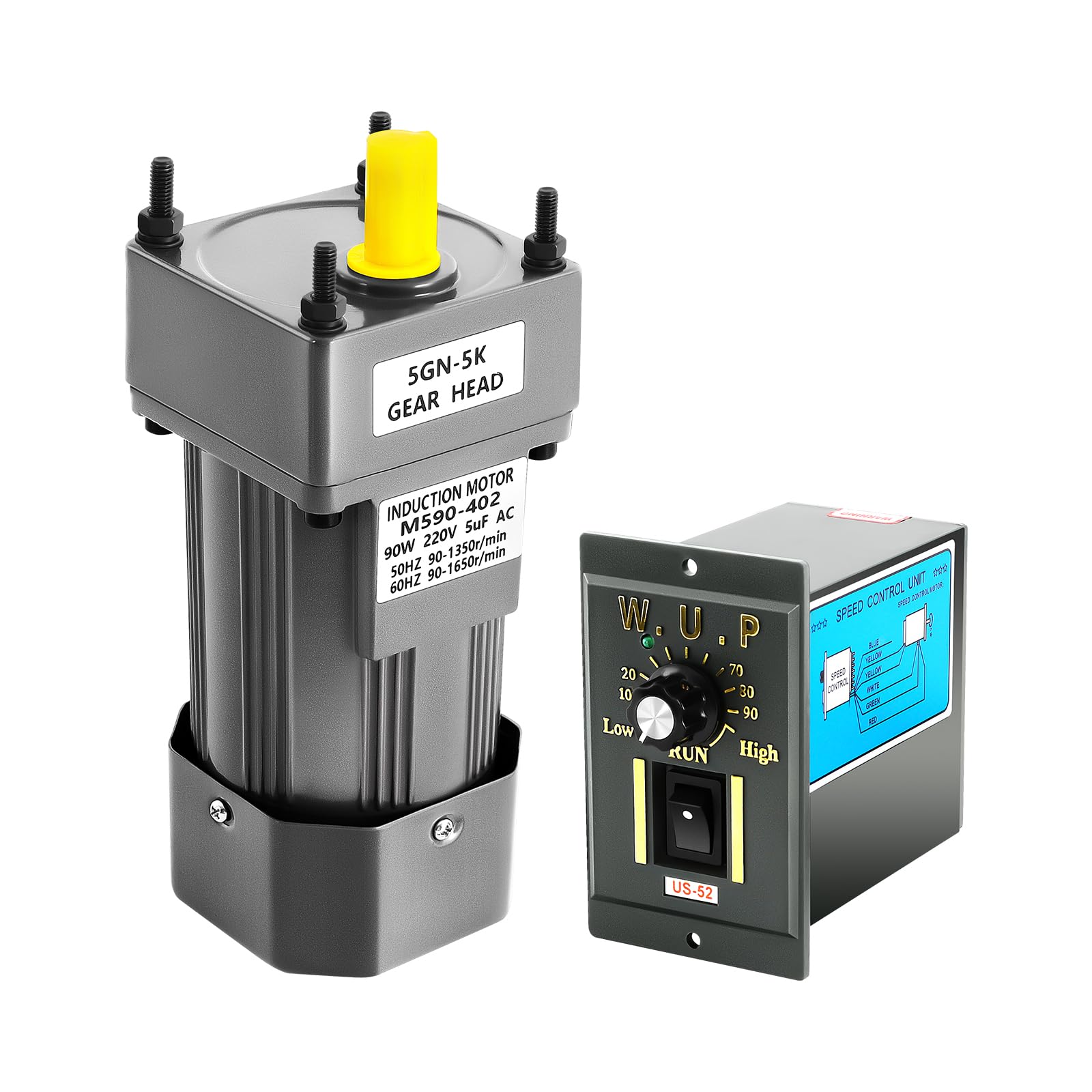 Getriebemotor, 90W 220V Elektromotor Wechselstrom, 5K 0‑90U/min AC Gear Motor mit Drehzahlregler, Stufenlos, Hohe Drehmomente Einstellbarer, Wellendurchmesser 12mm für Verpackungs Druckmaschinen