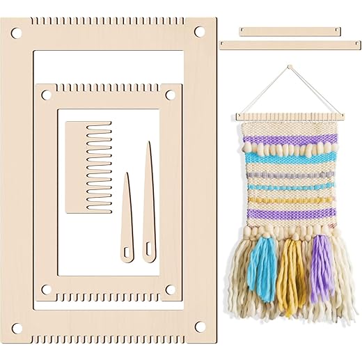 Haoser 7 Pcs Wooden Weaving Loom Kit for Beginners | DIY Yarn Craft Frame with Comb, Needle, Crochet Hook, Stick | Hand Loom for Adults & Kids – 11.8 x 7.9 Inch & 8 x 5.3 Inch Set