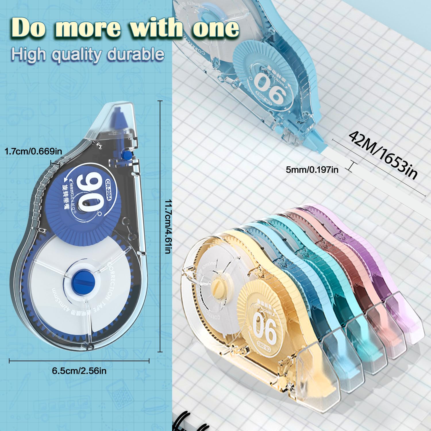 CHANGLi Ästhetisches Korrekturband, 10 Stück, 42 m, insgesamt 420 m, 90° drehbare Spitze, ergonomisches Design, reißfestes Klebeband, Büro- oder Schulbedarf, inklusive Aufbewahrungstasche