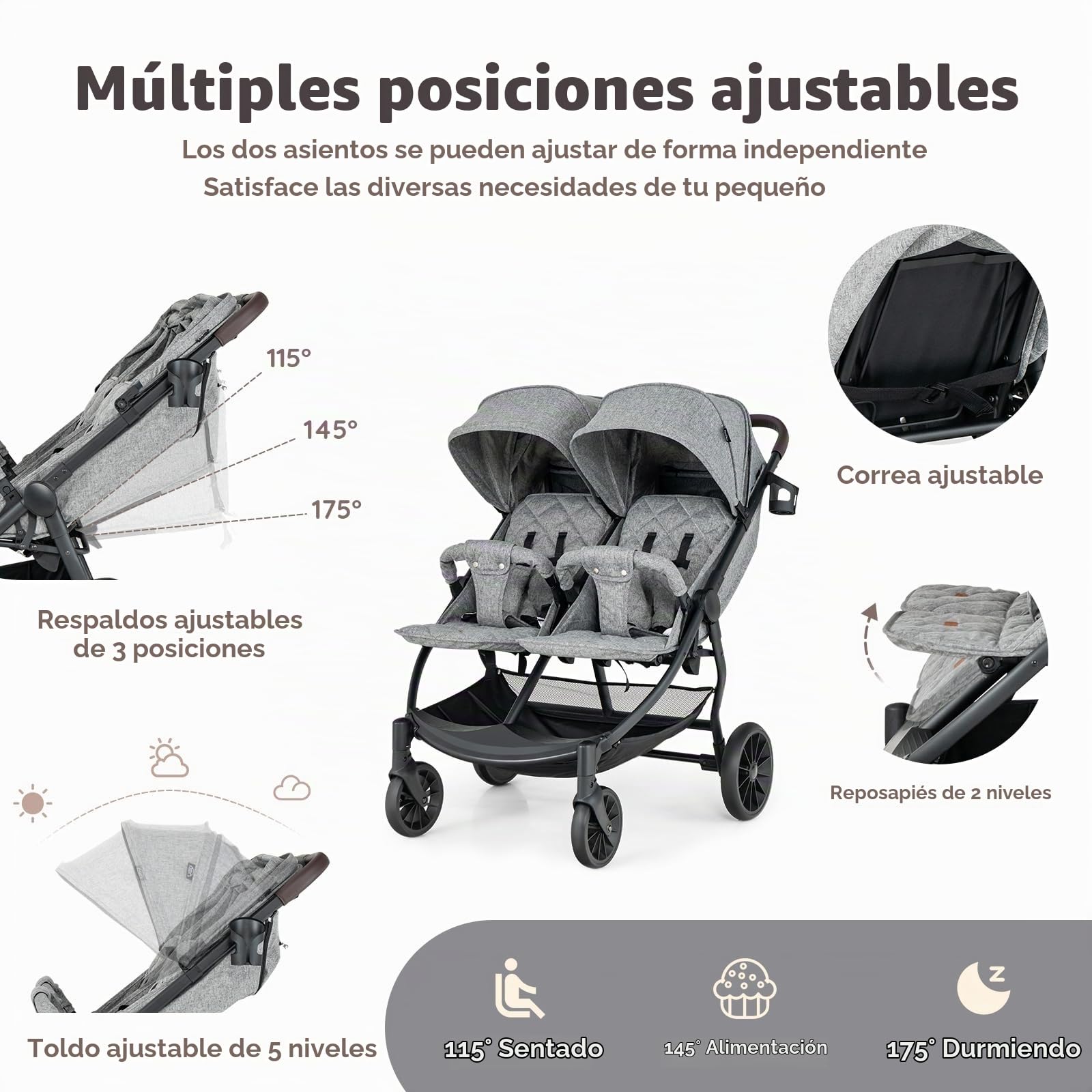 LIFEZEAL Silla de Paseo Gemelar, Carrito para Gemelos Plegable, Cochecito Doble con Respaldo reclinable en 3 posiciones, Arnés de 5 puntos, para Bebé de 0-3 años (Gris Claro)