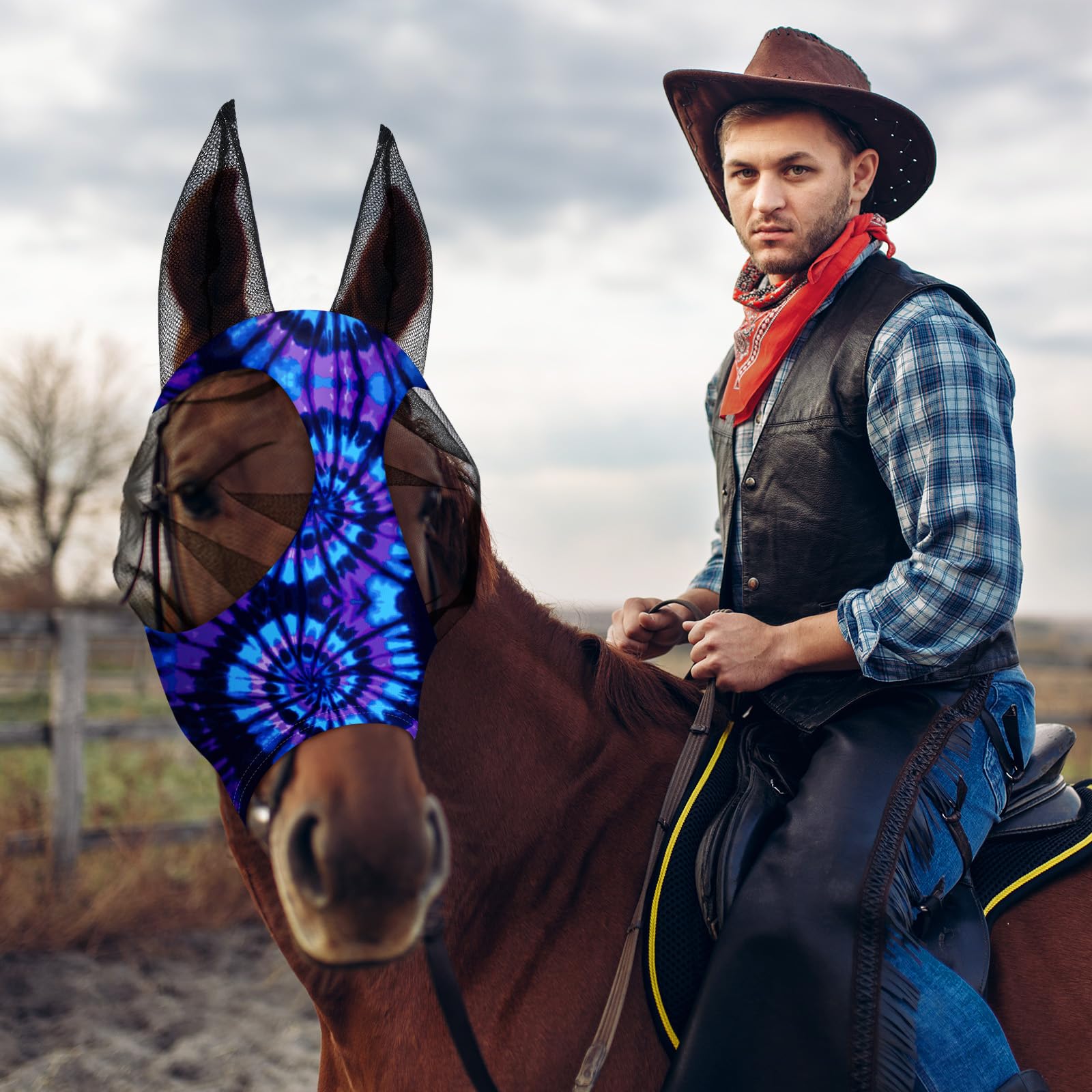 Qualirey Fliegenmaske für Pferde, bequem, elastisch, mit Ohrennetz, UV-Schutz, atmungsaktive Gesichtsbedeckung für Pony und Fohlen, Größe M, Batikmuster, 12 Stück