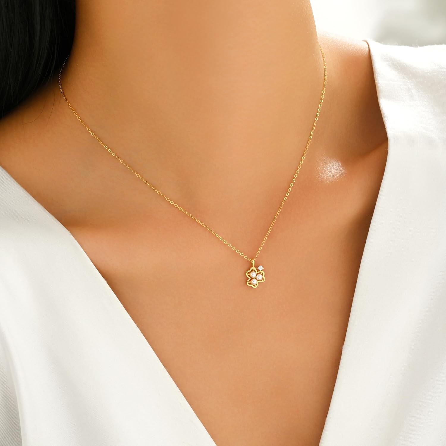 3MM Pearl Clover Pendant Necklace for Women,925 Sterling Silver Simulated Pearl Three-Leaf Flower Choker Necklace,14k Gold Plated Lucky Flower Pearl CZ Charm Jewelry to Mom Daughter Valentines Gifts