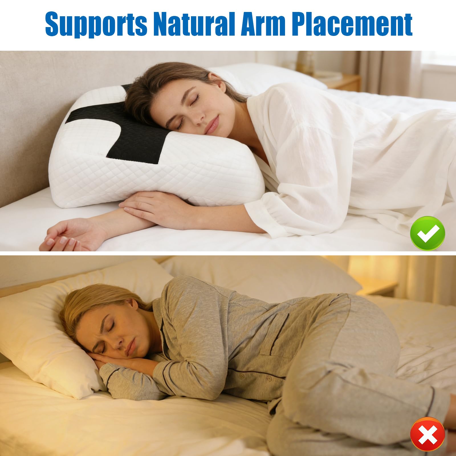 Seitenschläferkissen mit 3 Armöffnungen, Memory Foam Kissen ergonomisch | Für Seiten-, Rücken- und Bauchschläfer, mit Nacken- und Schulterstütze, atmungsaktivem Bezug, abnehmbar und waschbar