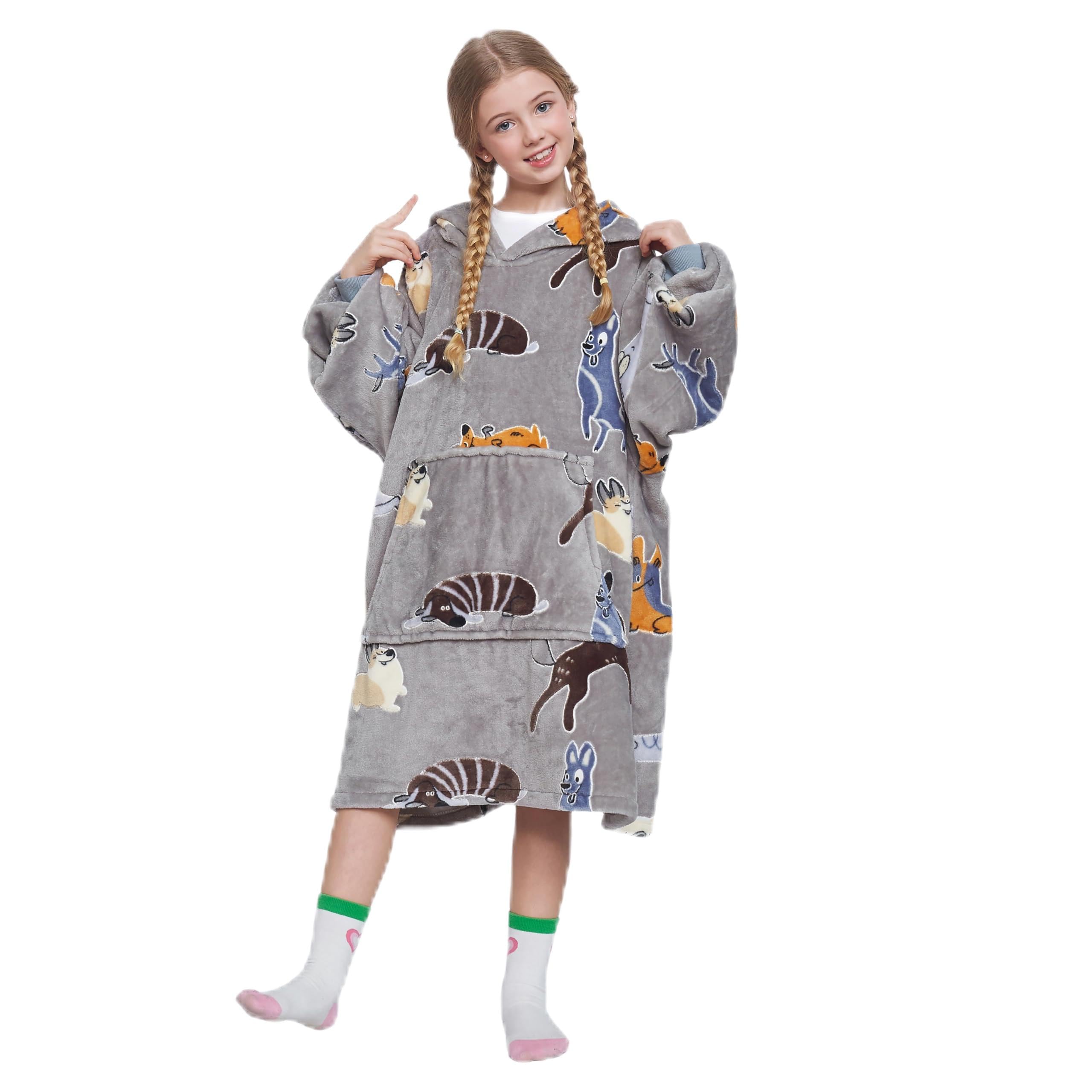 Catalonia Classy Kids Oversized Hoodie Wearable Blanket, Sherpa Fleece Hooded Pullover with Pocket for Children Teens, Design with Grey Dog Print