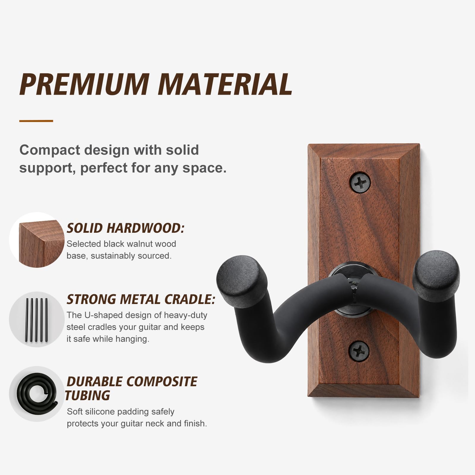 Paquete de 4 soportes de pared para guitarra, ganchos para guitarra, soportes para guitarras acústicas y eléctricas, bajo, banjo, mandolina, base de madera de nogal negro.