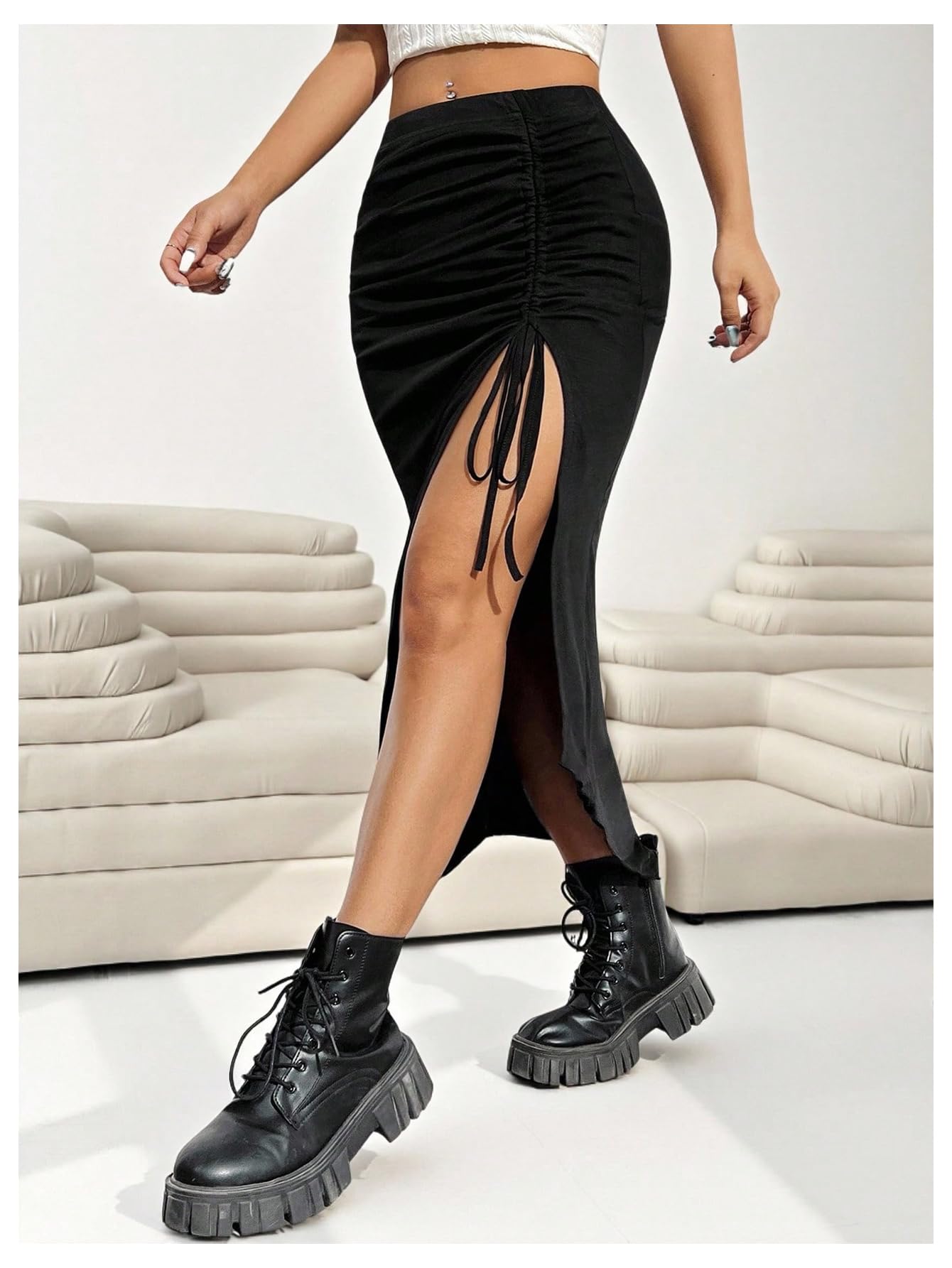 WDIRARA Women's Plus Size Checkered Ruched Midi Skirt High Waist Split Thigh Pencil Skirts: 5X-Large Plus Multi Leopard