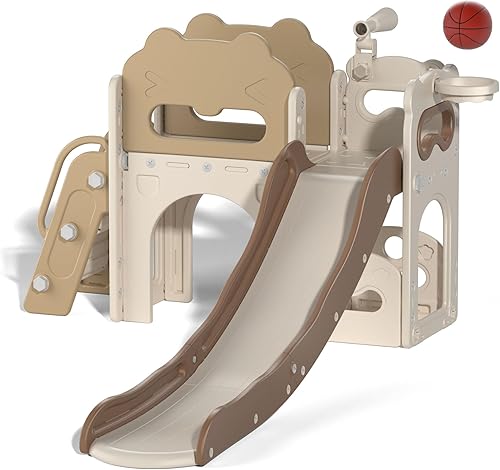 Miniatura 5 de Juego de tobogán y escalador 8 en 1 para niños, juego de tobogán para niños con telescopio de juego de baloncesto, parque infantil para interiores y