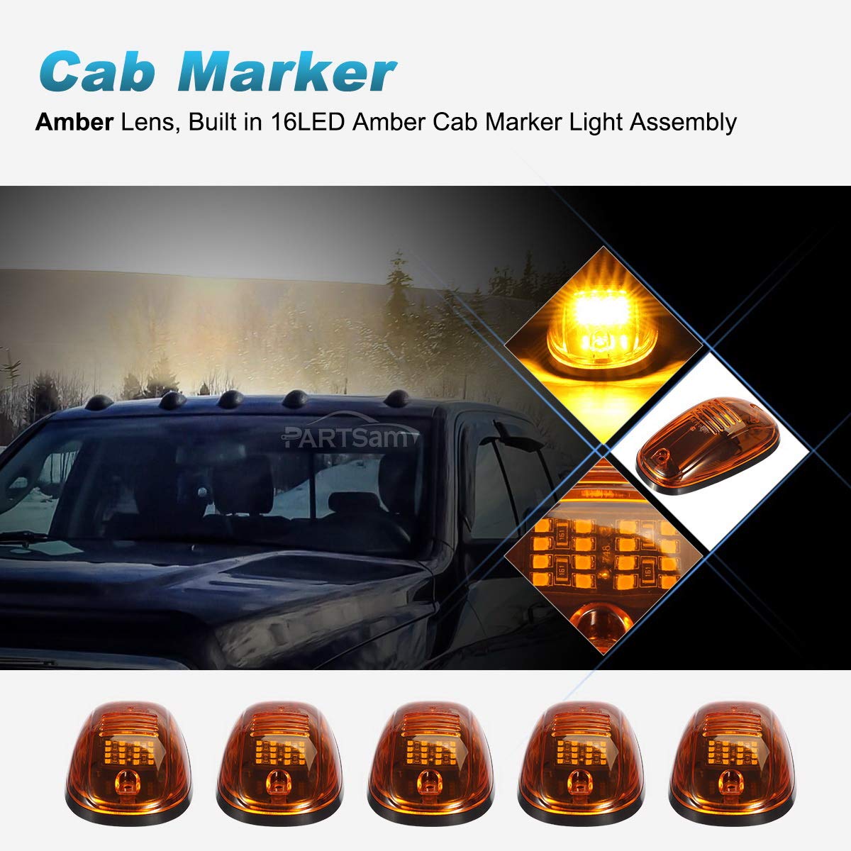 Partsam 5 Stück 16 LED Bernstein Fahrerhausleuchte Top Running Clearance Cab Markierungsleuchten 264146AM Montage kompatibel mit Dodge Ram 1500 2500 3500 4500 5500 2003–2018 Pickup Trucks