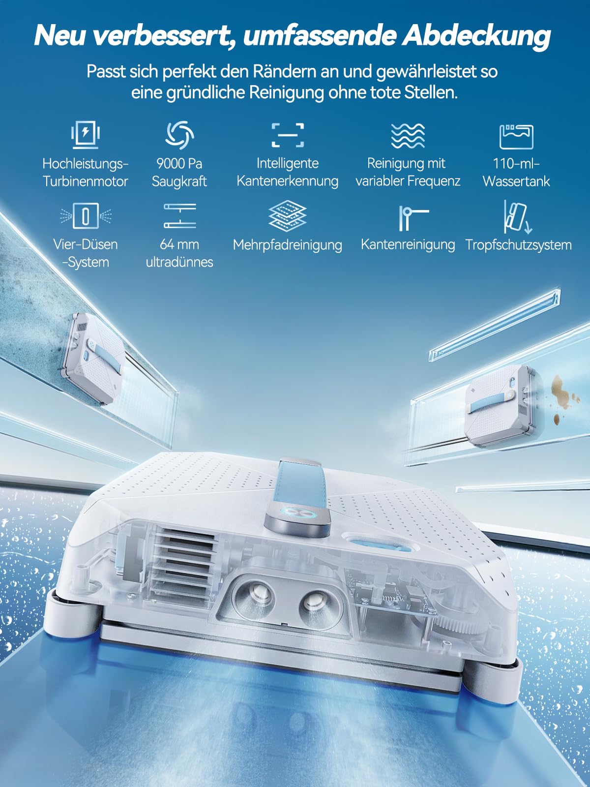 Keero Fensterputzroboter 2026 Neuheit, 9000Pa Fensterreiniger elektrisch Vier-Düsen-System, Randerkennung, 4 Reinigungsmodi, Fensterroboter mit Turbinenmotor, Sicherheitssystem-Modell W37D