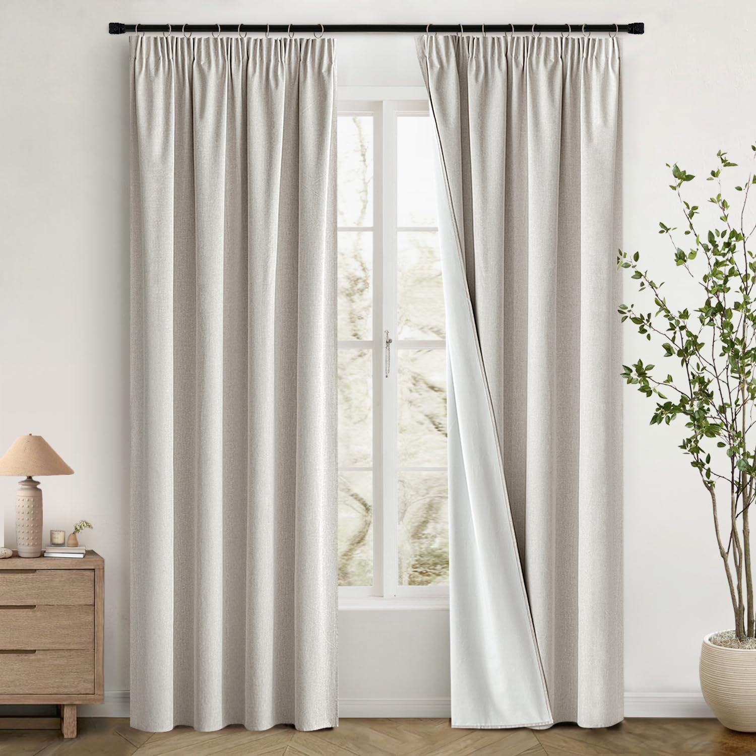 MIULEE 100% Cortinas Opacas 2 Piezas 140 x 245 cm, Color Natural Efecto Lino Cortinas Dormitorio con Cinta Fruncidora Anti Luz Cortina Termica Aislantes Frio y Calor para Salon