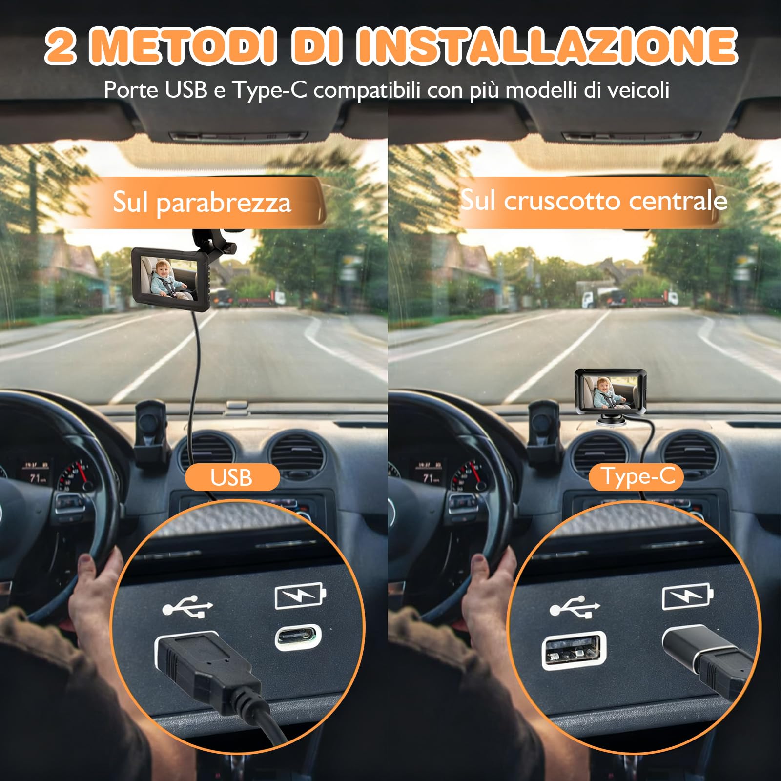 Zacro Baby Camera Auto, Specchio per auto, specchietto retrovisore per bambini, 1080P, USB-C Plug and Play, specchio per auto con visione notturna HD e angolo di visione di 150°, specchietto