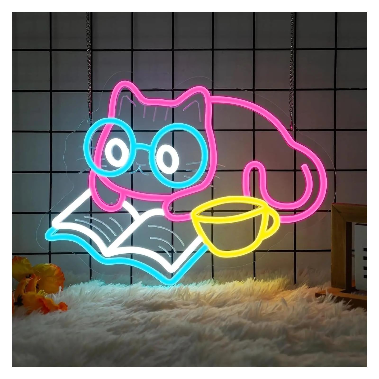 RONGCH Hanging Art Neon Signs Cat Reading Book Neon Sign Light Dimmable for Bookstore Library Classroom Bedroom Party Birthday Decor 40.7cmx30.8cm
