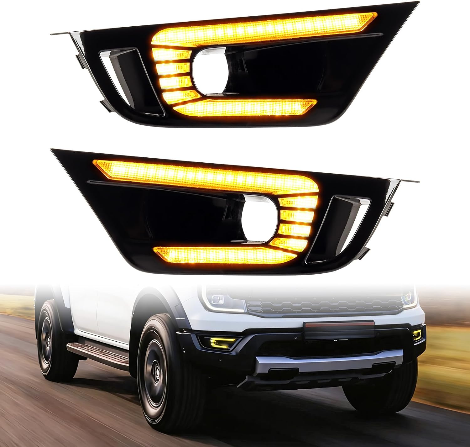 Astra Depot Daytime Running Light Fog Lamp DRL Dynamic Sequential Turn Signal Dual-Colors LED with Wire Harness Compatible with 2022-2024 Ford Ranger Raptor Crew Cab Pickup 4-Door