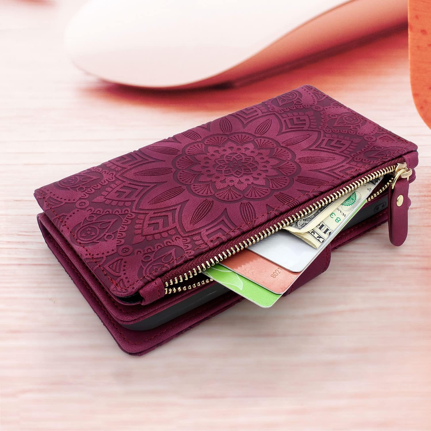 Harryshell Compatible with Samsung Galaxy A13 5G Wallet Case Detachable Magnet Removable Phone Cover Zipper Cash Money Pocket with Multi Card Slots Holder Wrist Strap Floral (Flower Wine Red)