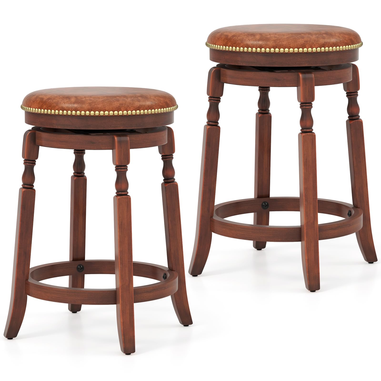 Giantex 24" Swivel Bar Stools Set of 2, Farmhouse Counter Height Stools with Upholstered Seat & Rubber Wood Frame, Round Backless Kitchen Stools,