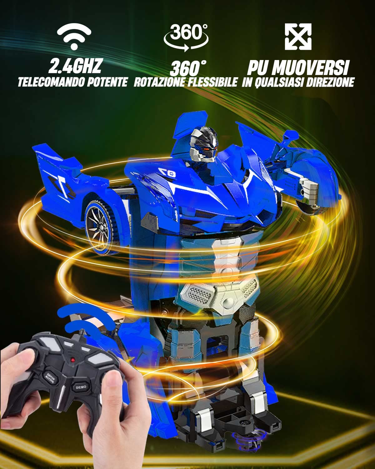 Maxesla Macchina Telecomandata Robot Transformers,Giocattoli per Bambini Auto Radiocomandata Trasformabile Macchinina 360° Rotazione Luci Compleanno Regali per Ragazzi Ragazze Giochi 3-12 Anni, Blu
