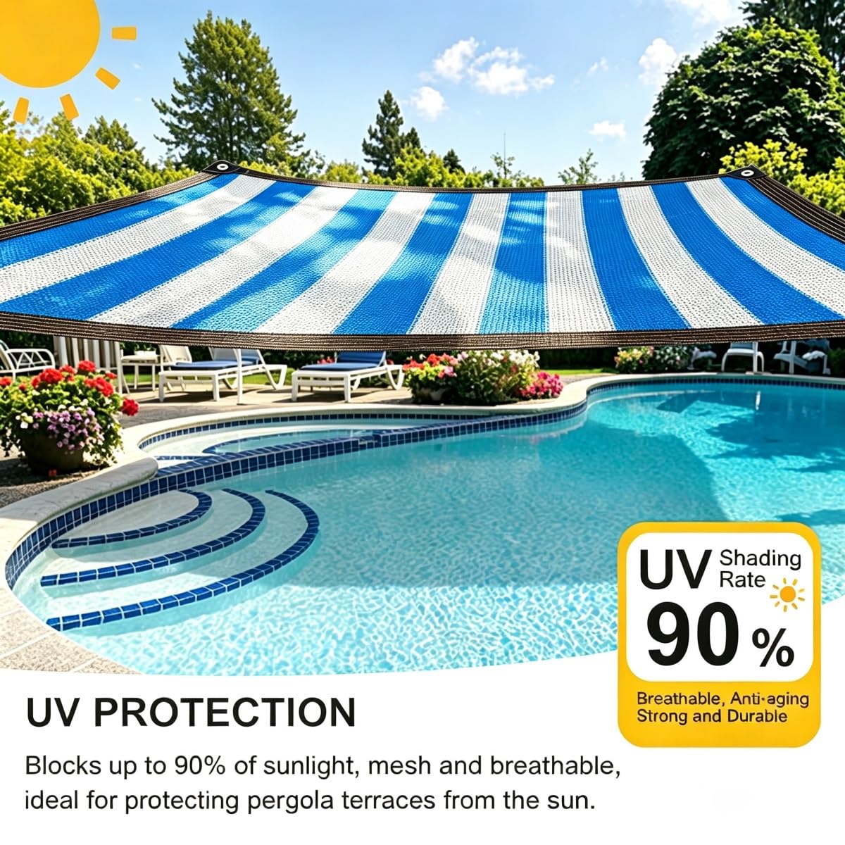 Malla Sombra Rayas Azul Blanco HDPE Aislamiento Térmico Protección UV Patio Jardín(3mx9m)