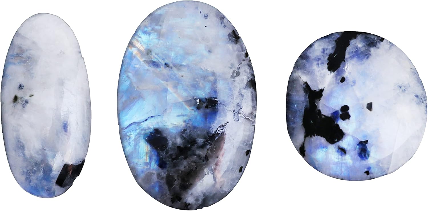 Gempires Rainbow Moonstone with Black Tourmaline Cabochons
