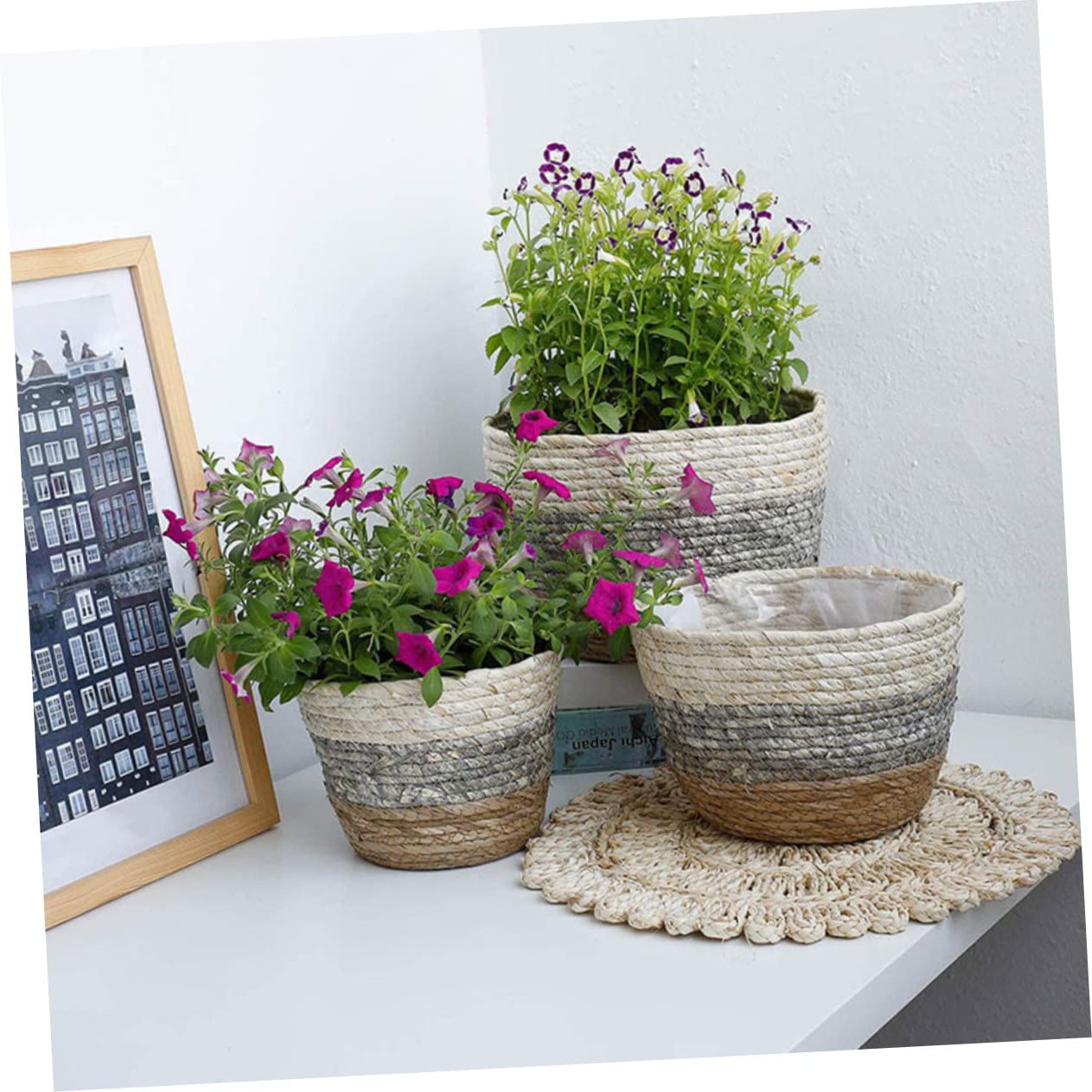 Lot De 2 Paniers De Fleurs Tressés XL Gris, Pots De Jardin en Paille Naturelle, Décor Rustique pour Intérieur Et Extérieur, Paniers Multifonctions Légers Et Décoratifs